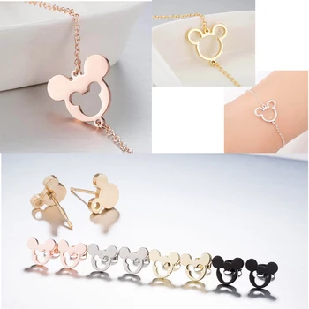 

Mickey Bracelet Earrings Charms for Women Stainless Steel Gold Simple Jewelry Cute Gifts Colorful Pink Chain Studs Hoop for Girl