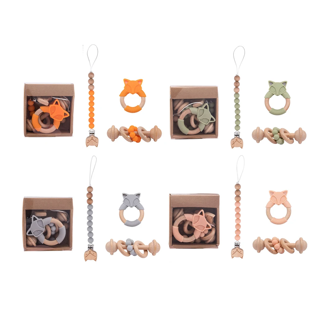 

3PCS Baby Silicone Teether 3 Piece Set Wooden Teether Toy Set Gift Box Newborn Gift Beech Wood Ring Rattle BPA Free