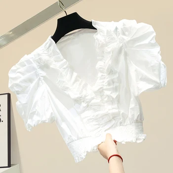 

White Crop Top for Women Short V-neck Chiffon Shirt Women's Short Sleeved Blouses Blusas Mujer De Moda 2020 White Black Blouse