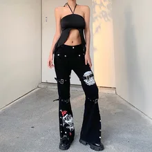 

Y2K High Waist Loose Printed Cargo Pants Harajuku Punk Fashion Metal Straight Wide Leg Pants Street Pants Women with Pockets