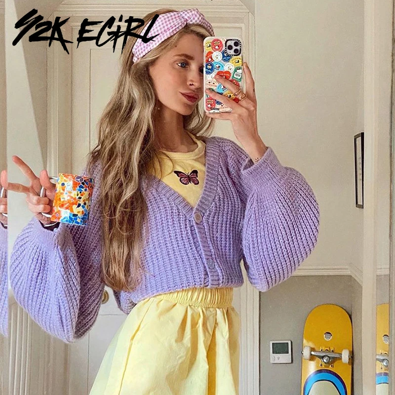 

Y2K EGIRK Sweet Oversized Single-breasted Ribbed Cropped Tops Casual Solid V-neck Lantern Sleeve Knitted Cardigans Purple Autumn