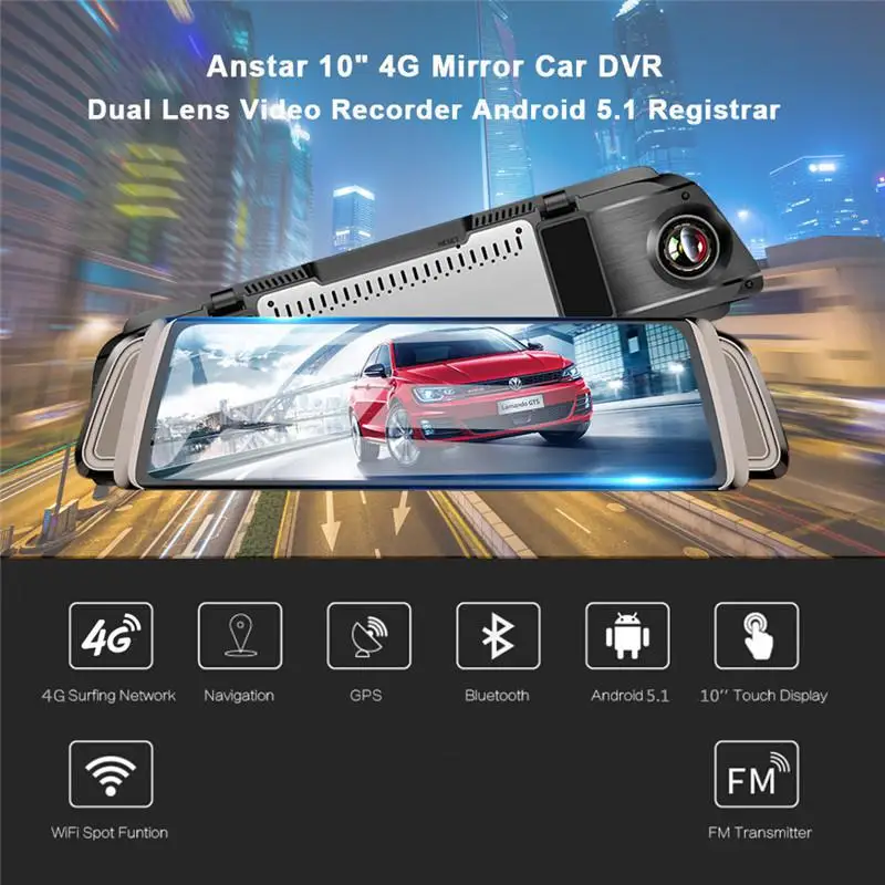 10-inch Car Driving Recorder Full Screen Touch 4G Rearview Mirror HD Night Vision WiFi GPS ADAS Dual Lens with Navigation