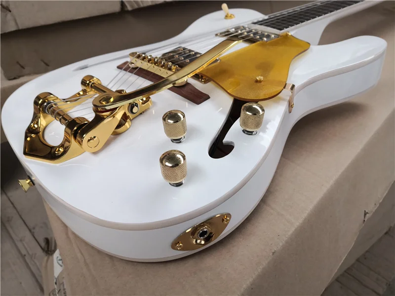 Order booking 6 string white guitar semi hollow tremolo bridge golden pickups gold swtich f binding | Спорт и развлечения