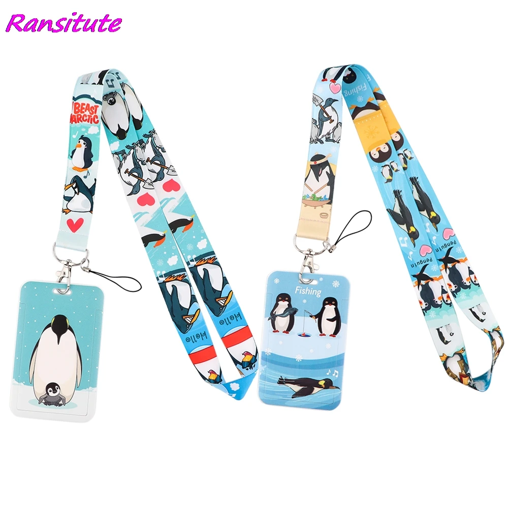 Ransitute R2196 Antarctic Penguin Lanyard Credit Card ID Holder Badge Student Women Travel Bank Bus Business Card Cover Badge