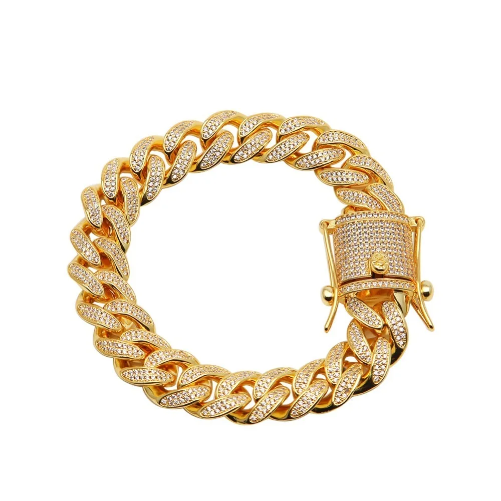 Микро Pave кубический хип хоп циркониевые браслеты для мужчин из белого золота Iced Out ювелирные изделия Хип-хоп 13 мм роскошный кубинский браслет
