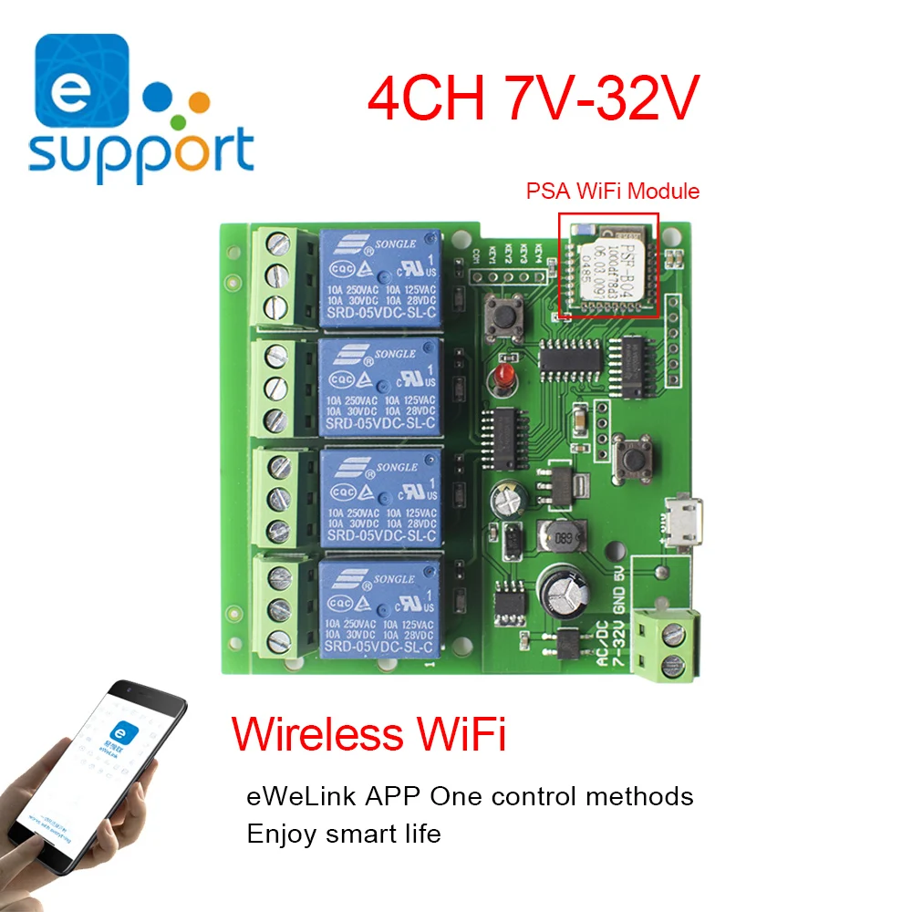 4CH EWelink Wireless Switch,WiFi Switch Module,EWelink APP,Remote Control,DIY Smart Home,4Gang Relay,work with Alexa Google Home 