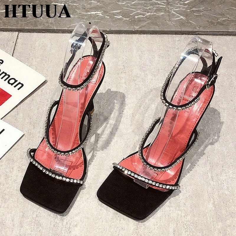 HTUUA/фирменный дизайн Шикарные босоножки на тонком высоком каблуке с кристаллами