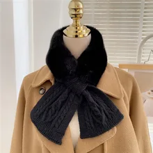 

Korean Version Splicing Knit Wool Cross Warm Scarf Winter Thicken Outdoor Neck Protect Cervical Spine False Collar Plush Scarves