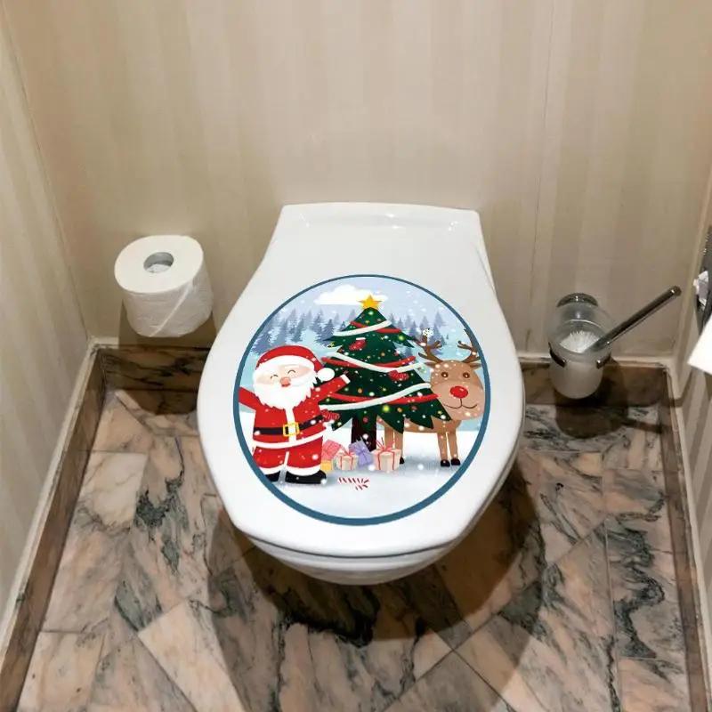 Рождество Санта Клаус крышка унитаза стикер Самоклеющиеся ванная комната нескользящий пол в туалете стикер рождественские украшения для дома - Цвет: Toilet Cover Sticker