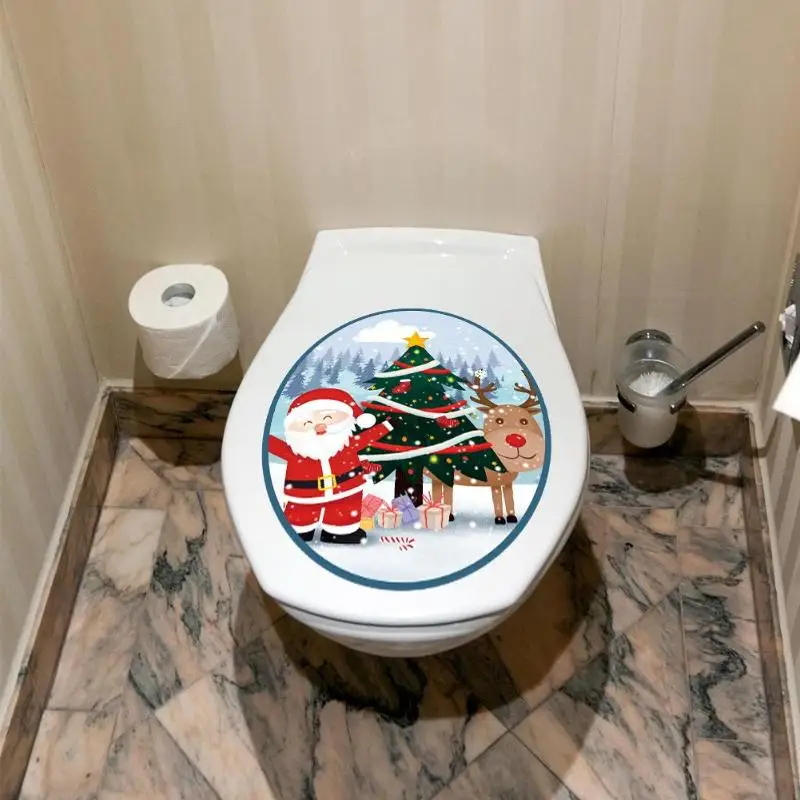 Toilet Cover Sticker Рождество Санта Клаус крышка унитаза стикер Самоклеющиеся ванная комната нескользящий пол в туалете стикер рождественские украшения для дома - Цвет: Toilet Cover Sticker
