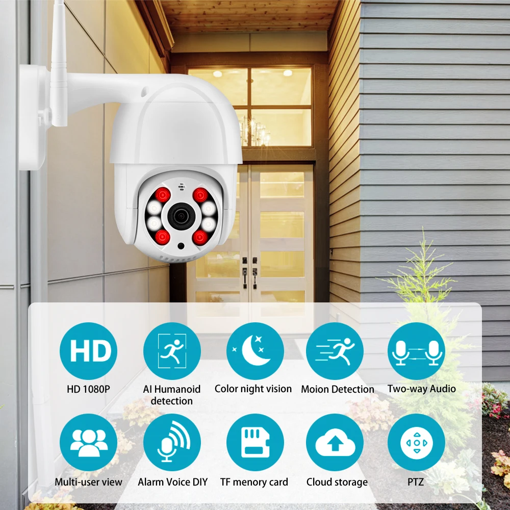  1080P PTZ WiFi IP Camera Outdoor 4X Digital Zoom Speed Dome Two-way Audio AI Human Detect DIY Alarm - 4.00045E+12
