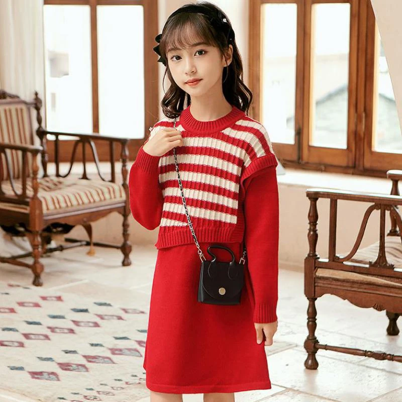 Vestido de punto a rayas de algodón suave hasta la rodilla para niñas y adolescentes, ropa informal a moda para uso diario, Otoño e Vestidos| - AliExpress