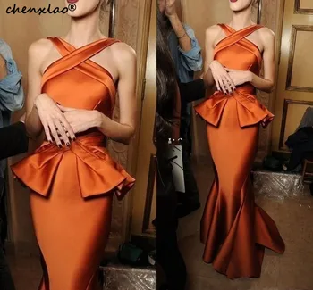 

Elegant Evening Orange Satin Sleeveless Sexy Mermaid Prom Dress Evening Gowns Custom Made 2020 New Design
