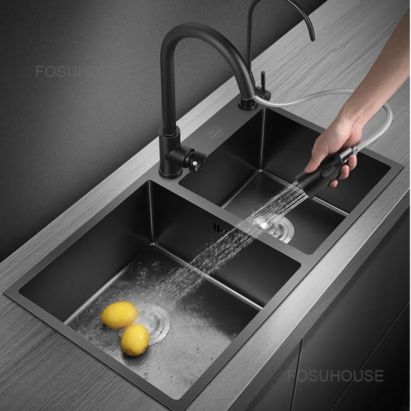 Kitchen Sink Double Trough Black Kitchen Nano Sink 304 Stainless Steel Household s Accessories