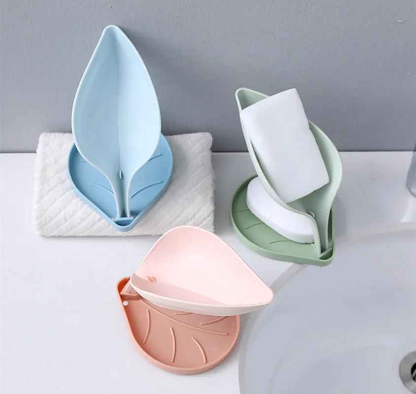 Leaf Soap Box Double layer Non slip Shower Soap Dish Holder Drain Plate