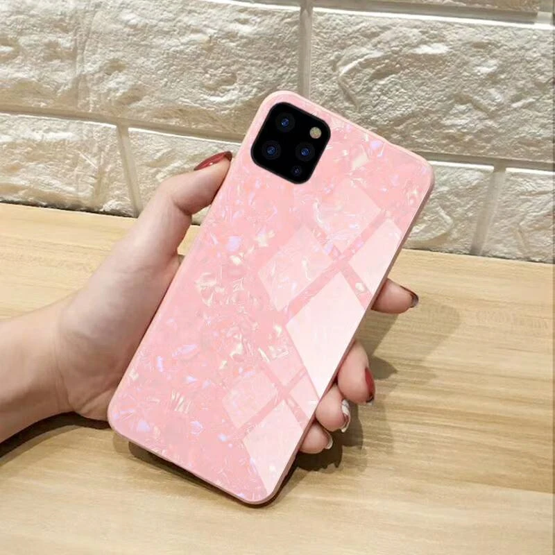 For iPhone 11 Pro Max Xs Xr X 6 7 8 Plus Ultra-Thin TPU Frame Marble Seashell Tempered Glass Phone Case | Мобильные телефоны и