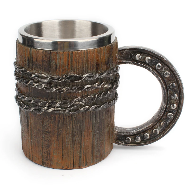 

Imitation Iron Chain Wooden Barrel Stainless Steel Resin 3D Beer Mug Goblet Game Tankard Coffee Cup Wine Glass Mugs 600ml Gift