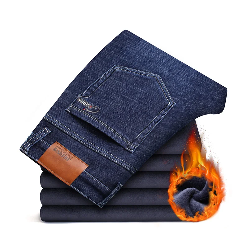 Зимние теплые флисовые куртки с капюшоном и Для мужчин's джинсы с нашивками плотные Стрейчевые джинсовые Модные джинсы прямого покроя брюки, хлопковые штаны Для мужчин большие размеры 35, 40, 42, 44, 46 - Цвет: Blue
