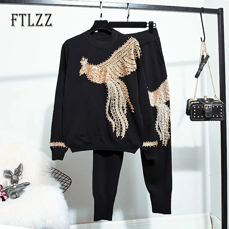 

New Autumn Sportsuit Women Knitted 2 Piece Set Fashion Street Phoenix Pattern Sequins Nail Beads Sweater + Pant Woman Tracksuits