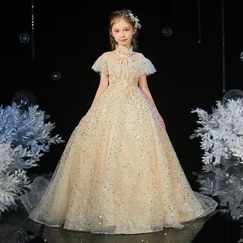 

High Quality Children Girls Luxury New Evening Birthday Party Princess Sequined Long Tail Dress Model Show Catwalk Piano Dress