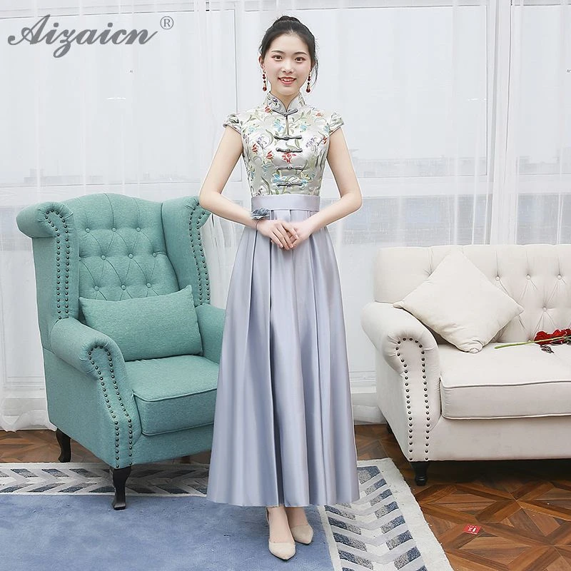 Серый атлас Cheongsam современный Chinoise платье подружки невесты Qipao длинное Qi Pao Женская Китайская традиционная одежда Винтаж свадебное платье