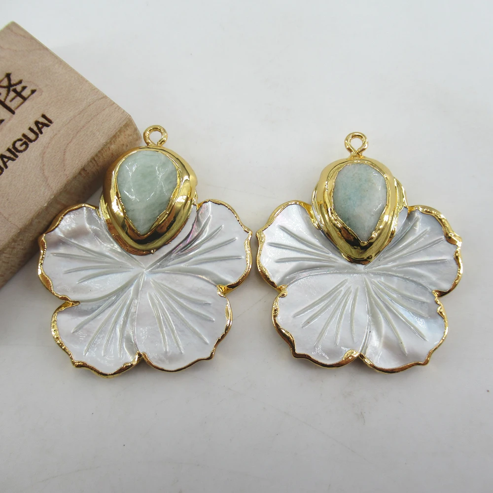 APDGG 1PC Natural Carved White Shell Flower Amazonite Pendant Charm Electroplated woman fashion Jewelry