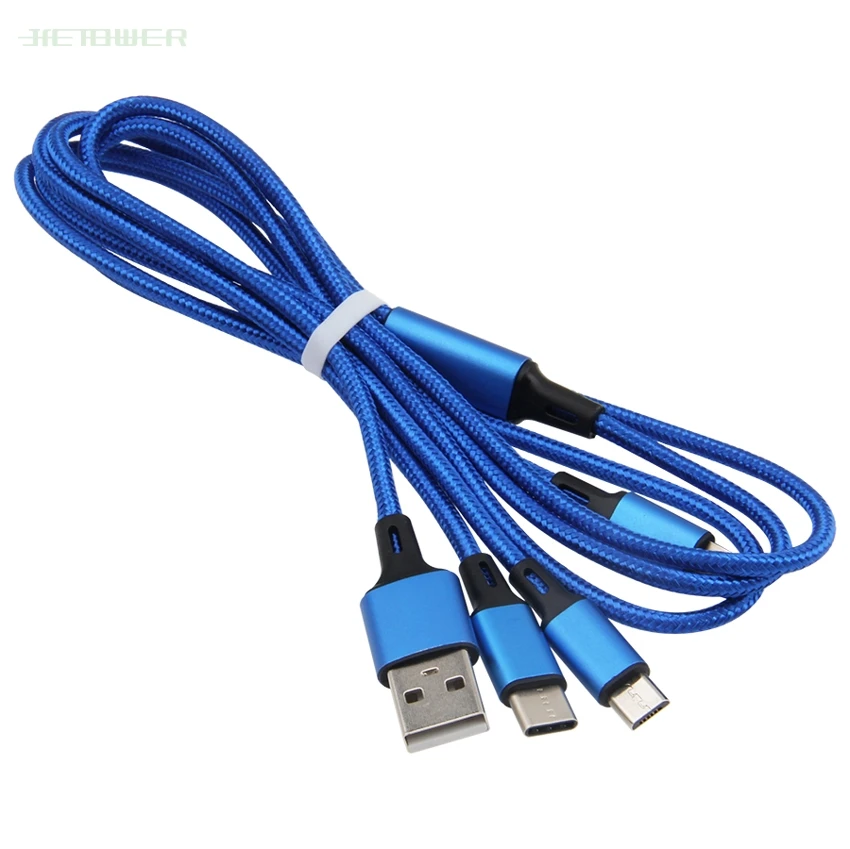 Синий 300pcs/lot 3In1 USB Cable for IPhone Fast Charging Cable Micro USB Type C 3in1 Mobile Phone Cables Charge Cord for Samsung Note8 - Цвет: Синий