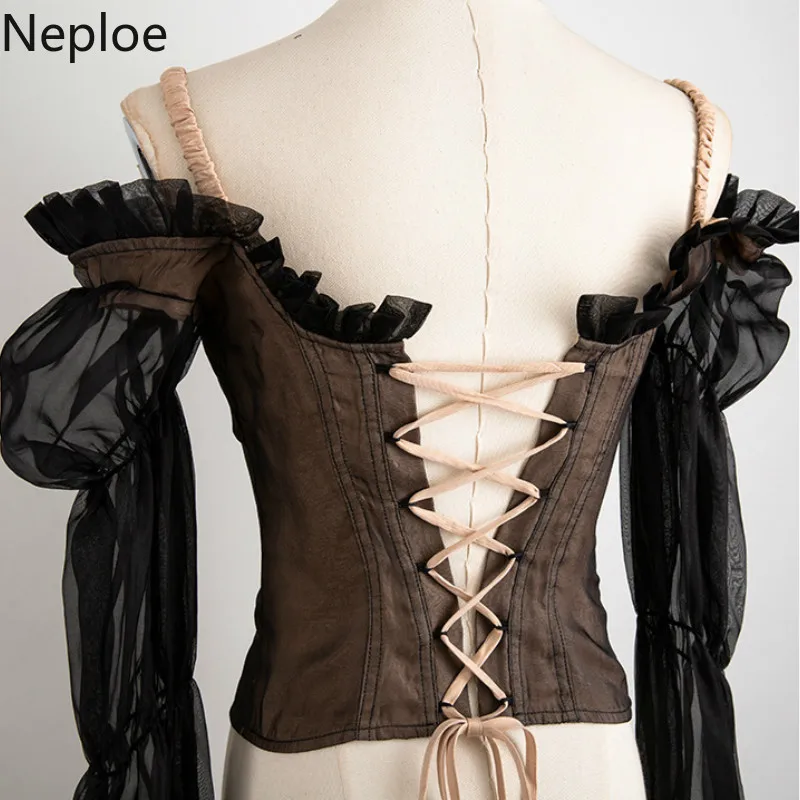 Neploe, сексуальная открытая спина, Лоскутная кружевная блузка для женщин, с вырезом лодочкой, без бретелек, на плечах, Топики, Blusas, пышная, с длинным рукавом, тонкая рубашка 47613