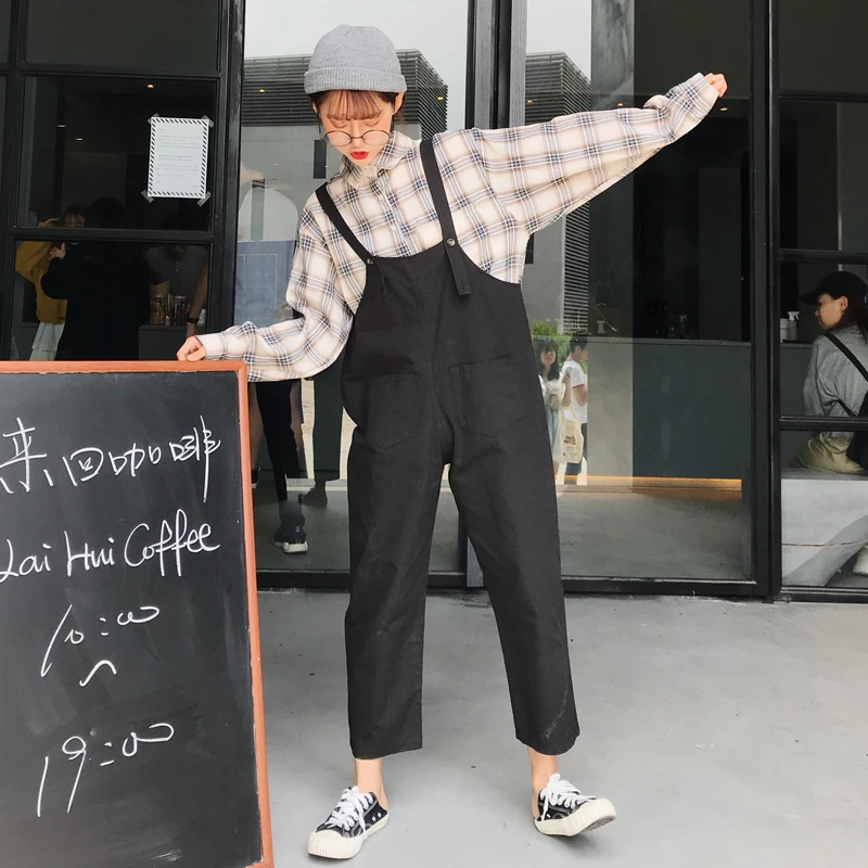 Женский комбинезон, однотонный, прямой, Harajuku, Ретро стиль, женские, s, брюки карго, BF, студенческий, простой, свободный, подходит ко всему, корейский стиль