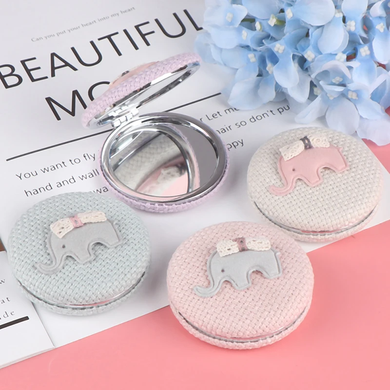 Round Pocket Folding Makeup Mirror With Cartoon Cute Elephant Pattern Linen Cloth Compact Makeup Mirror