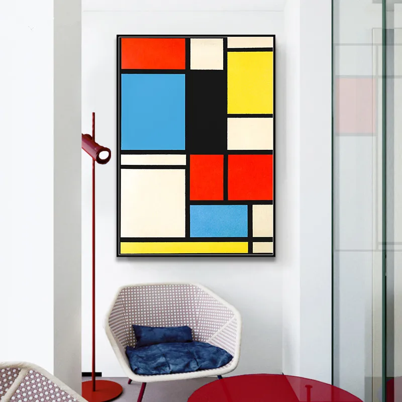 Home Decor Piet Cornelies Mondrian Classic Art Geometry Line Rosso Blu Giallo Composizione Canvas Print Painting Poster Wall Decor