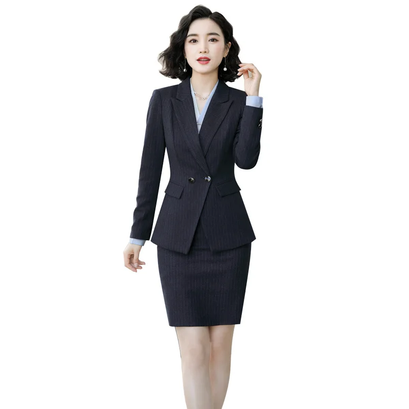 

Stripe Skirt Suit Professional Suit Office Lady Suit Uniform 2019 Full Sleeve Jacket Skirt Trousers Formal Work Clothes 966