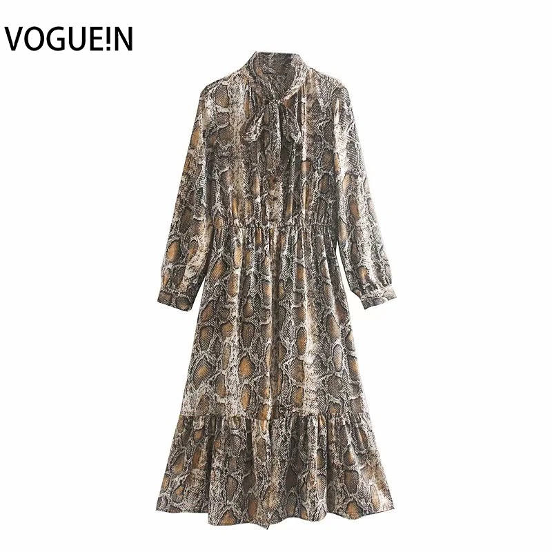 VOGUEIN новые женские сексуальные Змеиный узор печати лук шеи с длинным рукавом