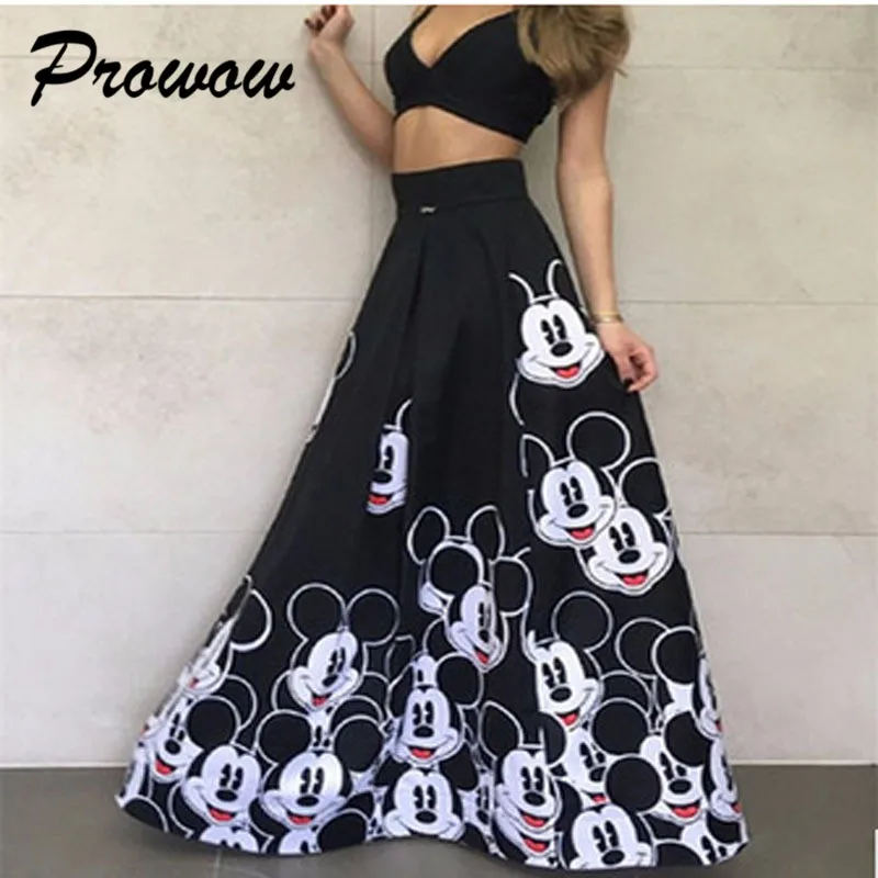 Plus Size Mickey Long Skirt Women Elegant Elastic High Waist Cartoon Casual Women Pleated skirt Ladies skirt Women Streetwear