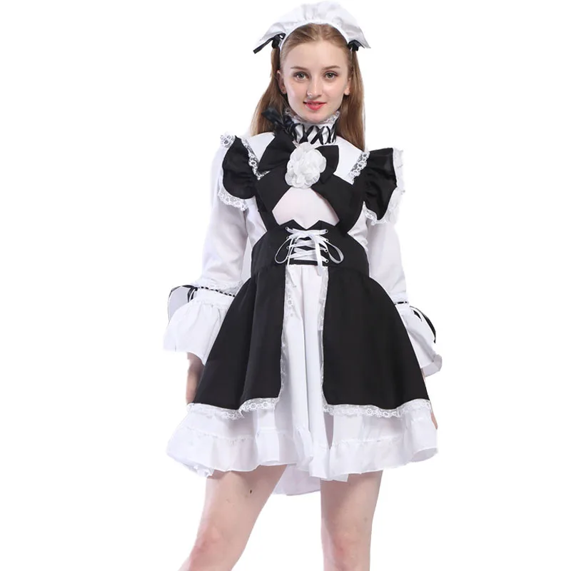 

Cute French Maid Cosplay Costume Lolita Dress Gothic Mini Lace Dress Adult Women Carnival Halloween Outfit For Girls