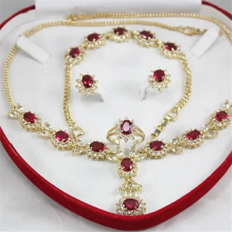 

Green Red Stone Beads Jewelry Set Vintage Pendant Necklace Bracelet Ring Earrings Jewellery Sets for Women Wedding Party Gifts