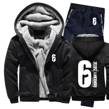 

Winter Hoodies Men Rainbow Six Siege Mens Hoodies Suit Thicken Warm Fleece cotton Zipper Tracksuit Mens Jacket+Pants 2Pcs Sets