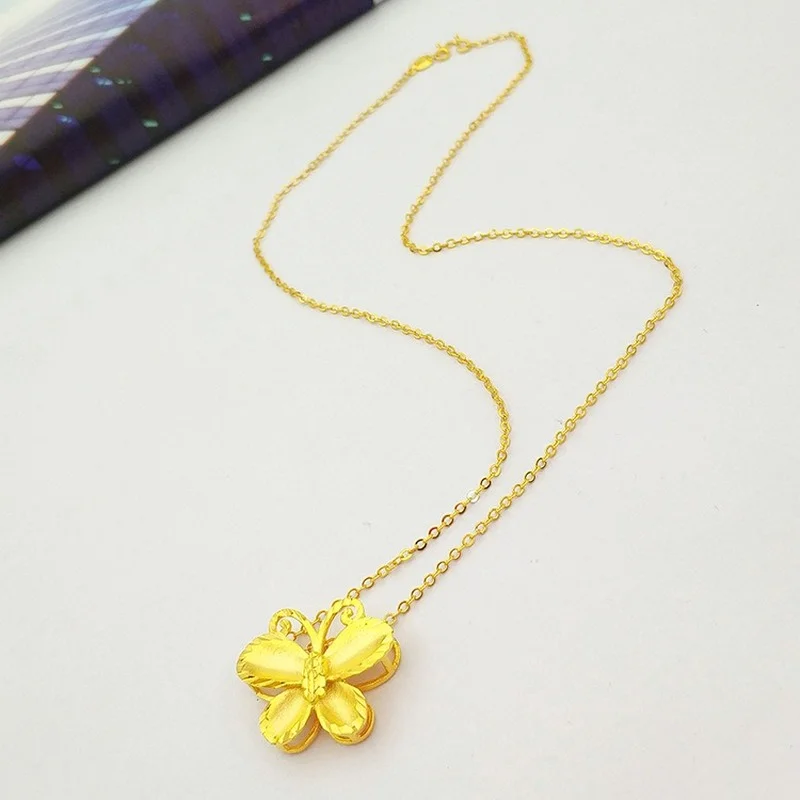 Necklace for Women Yellow Gold Color Butterfly Pendant Short Clavicle Chain Choker Engagement Anniversary Jewelry Birthday Gifts