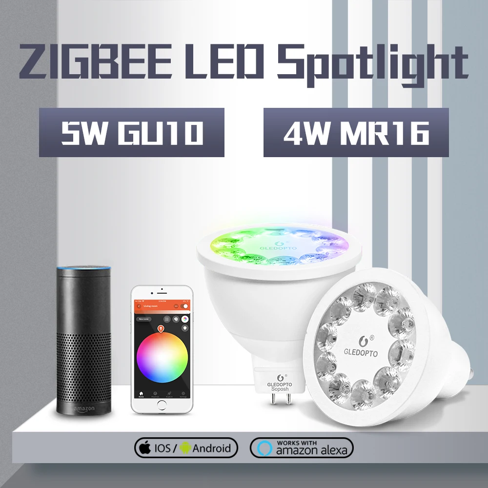 GLEDOPTO Zigbee Smart Dual White and Color Spot Light LED Lamp 4W MR16 5W GU10 Compatible with Hue Conbee Tuya App Voice Control