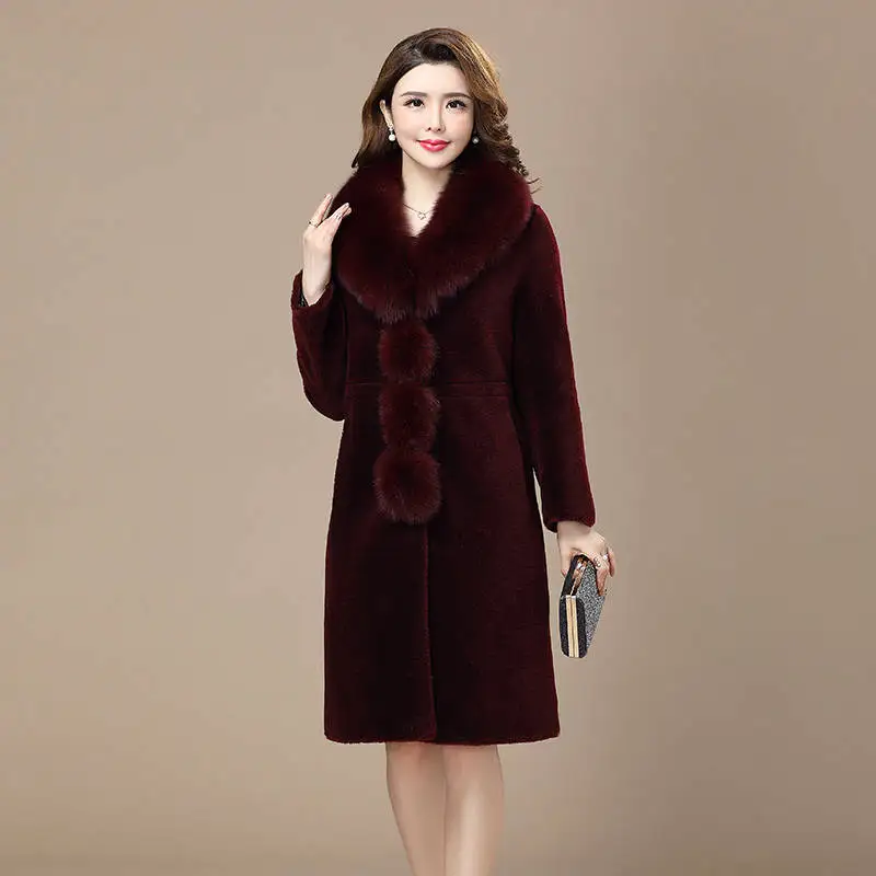 wine red Осенне-зимнее женское пальто из натуральной оторочка из овечьей шерсти Женская куртка с воротником из натурального Лисьего меха длинная теплая меховая замшевая верхняя одежда A94 - Цвет: wine red