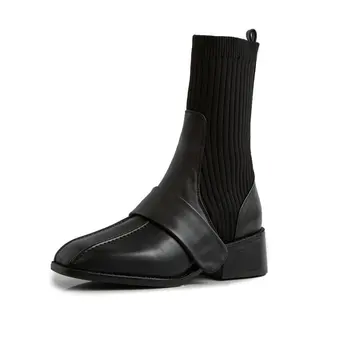 

NEW Genuine Leather+ Elastic Fabric Women Ankle Boots Fashion Square Toe Thick Heels Pumps Winter Retro Casual Party Shoes Woman