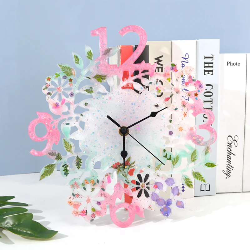 H6208ef0990f746ea89214bb69f771581w 2021 New Style Flower Shape Watch Resina Epoxi Moule Digital Clocks Stampo Silicone Mold Hanging Home Jewelry Making Crafts