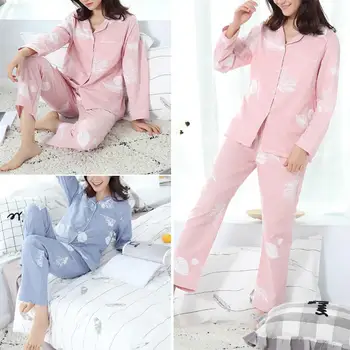 

New Women Summer Ma-ple Leaf Print Long Sleeve Shirt Pants Cotton Sleepwear Pajama Set
