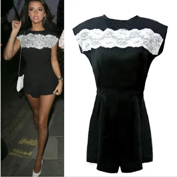 

Fashion Women Ladies Solid Color Stylish Belt Lace Stitching Short Sleeve Round Neck Casual Short Jumpsuits Rompers Playsuits