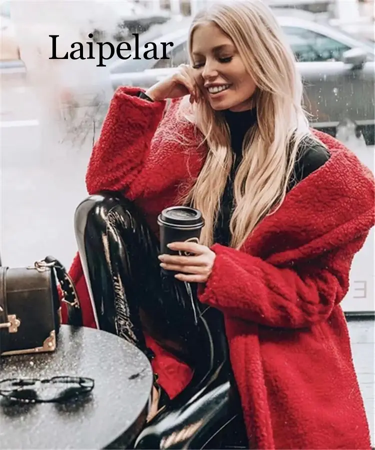 

Faux Lambswool Teddy Bear Red Oversize Winter Coat Women Thick Warm Hairly Jacket Overcoat Female Fall Coats Outerwear 2019