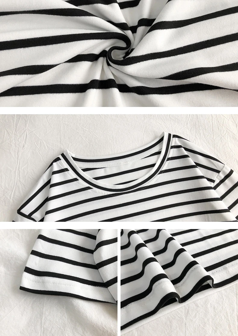 T Shirt Women Solid Color Striped Punk T-shirt O-Neck Casual Harajuku Short Sleeve Korean Fashion Shirt Camiseta Feminina Top