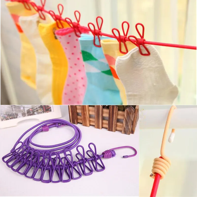 

1.8m Portable Stretchy Clothesline With 12 Clips Hanging Rope Camping Equipment Travel Windproof Clothes Line Hooks Outdoor Tool