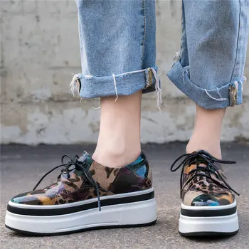 

Goth Trainers Women Lace Up Genuine Leather Wedges High Heel Platform Pumps Shoes Female Round Toe Fashion Sneakers Casual Shoes