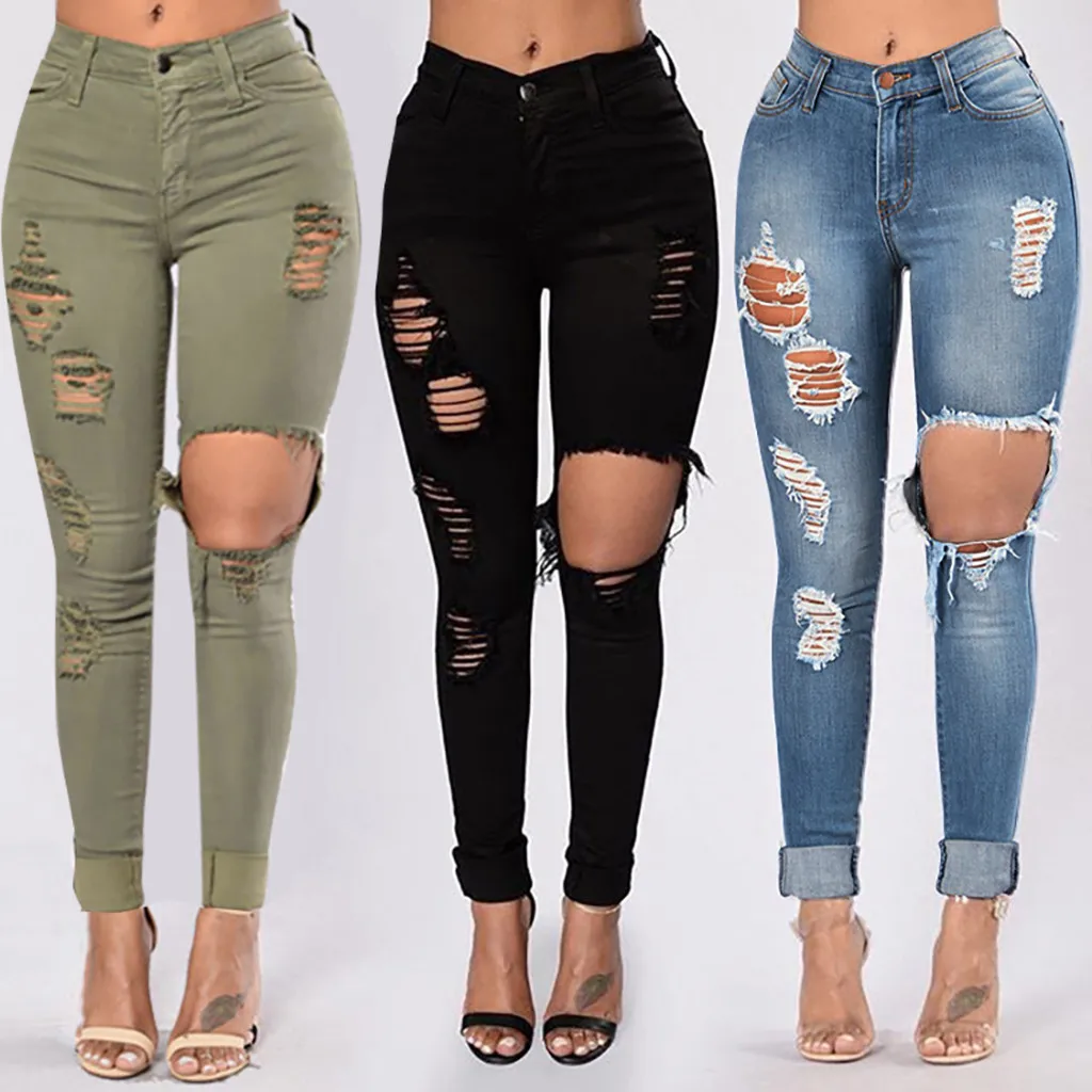 Wanita Fashion Ripped Jeans High Waist 