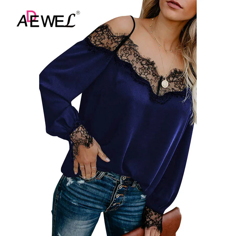 ADEWEL модные женские туфли блуза с v-образным вырезом и длинным рукавом, кружевные бархатная рубашка блузка Повседневное платье с открытыми плечами и кружевной отделкой женская блузка в стиле бохо, блузки, топы